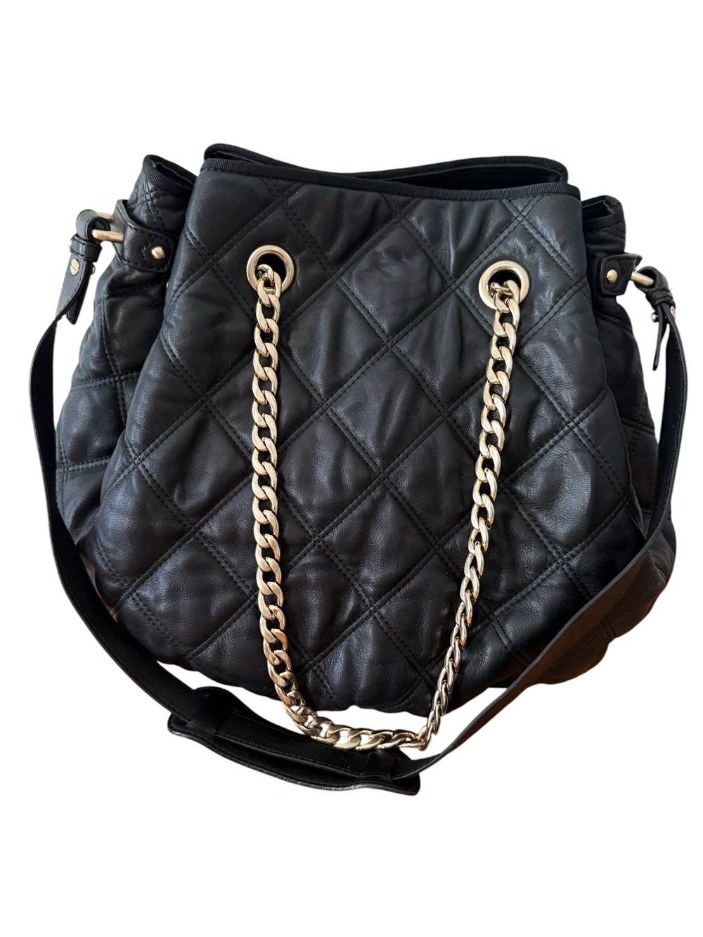 100% Leather Black Quilted Bucket Bag Heavy Gold Chain Xtra Large Anne Taylor